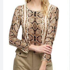 J.Crew Tippi Merino Wool Knit Sweater Cropped Sleeve Python Snake Print Beige XS